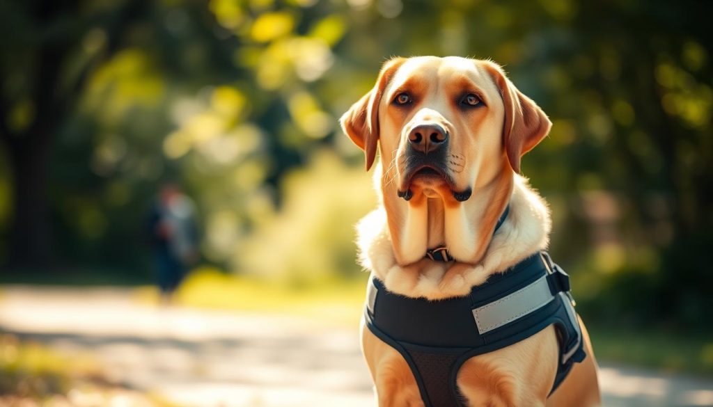 A Labrador Retriever wearing a service dog vest