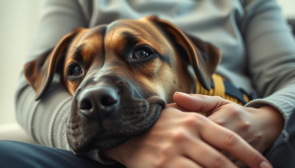 service dog providing deep pressure therapy to owner with anxiety