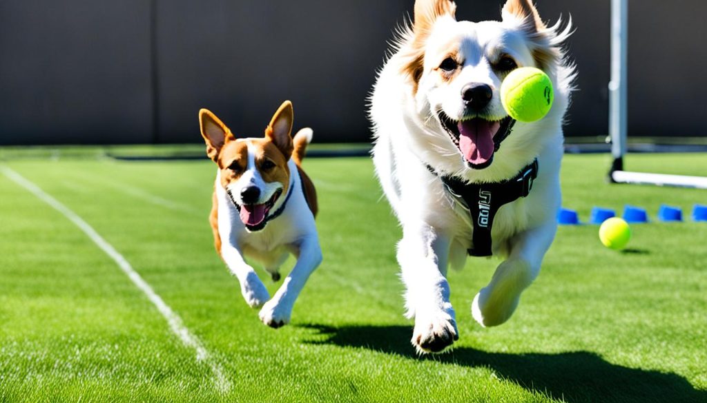 Dog obedience exercises during fetch game