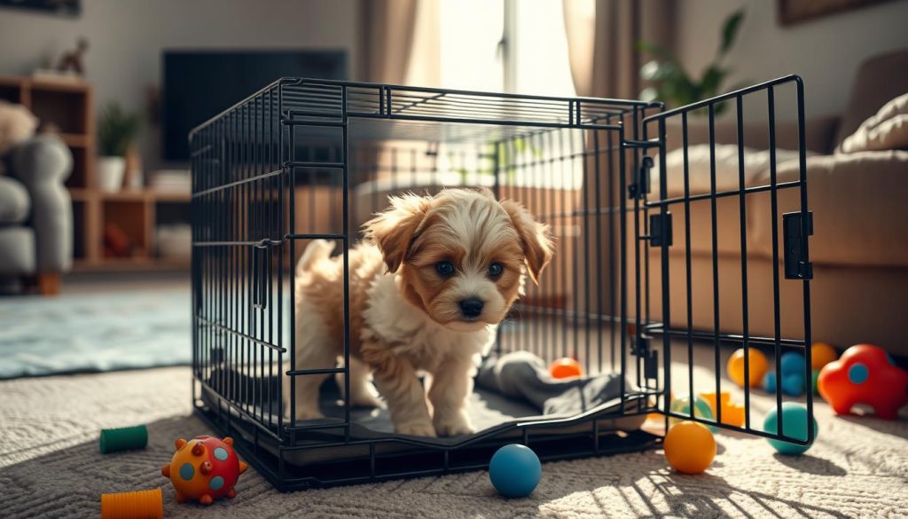 Puppy exploring crate during crate habituation